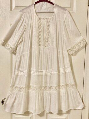 Great Condition, SZ L, Lace Insets, Tiered Mini Dress or Swim Cover Up, White